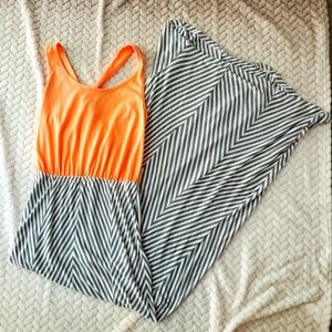 Pink Rose neon peach with gray chevron skirt maxi dress. Size small.